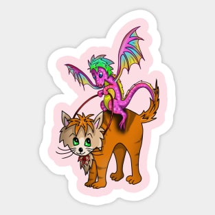 Cute tiny pink dragon riding a ginger cat Sticker